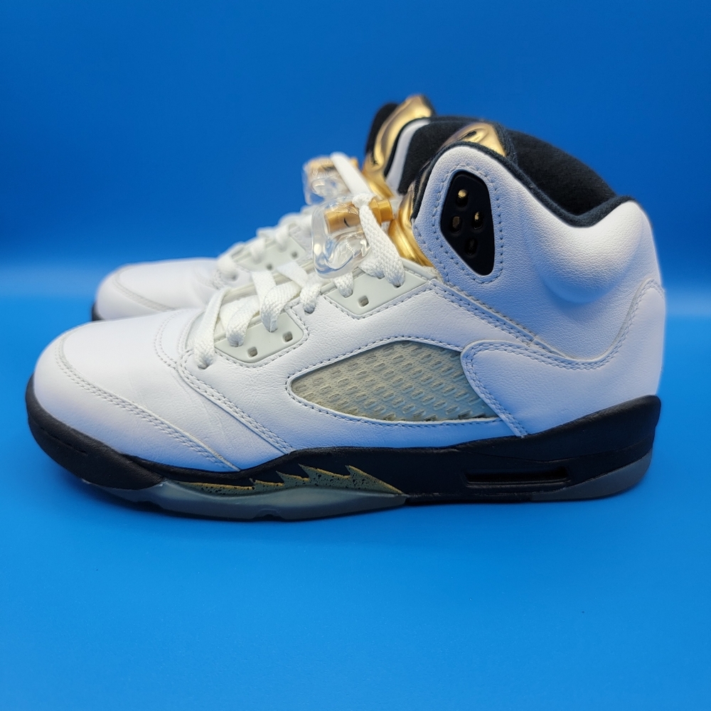 Nike Air Jordan 5 Retro GS Olympic Gold Coin White Black Kids Shoe Size 5.5Y